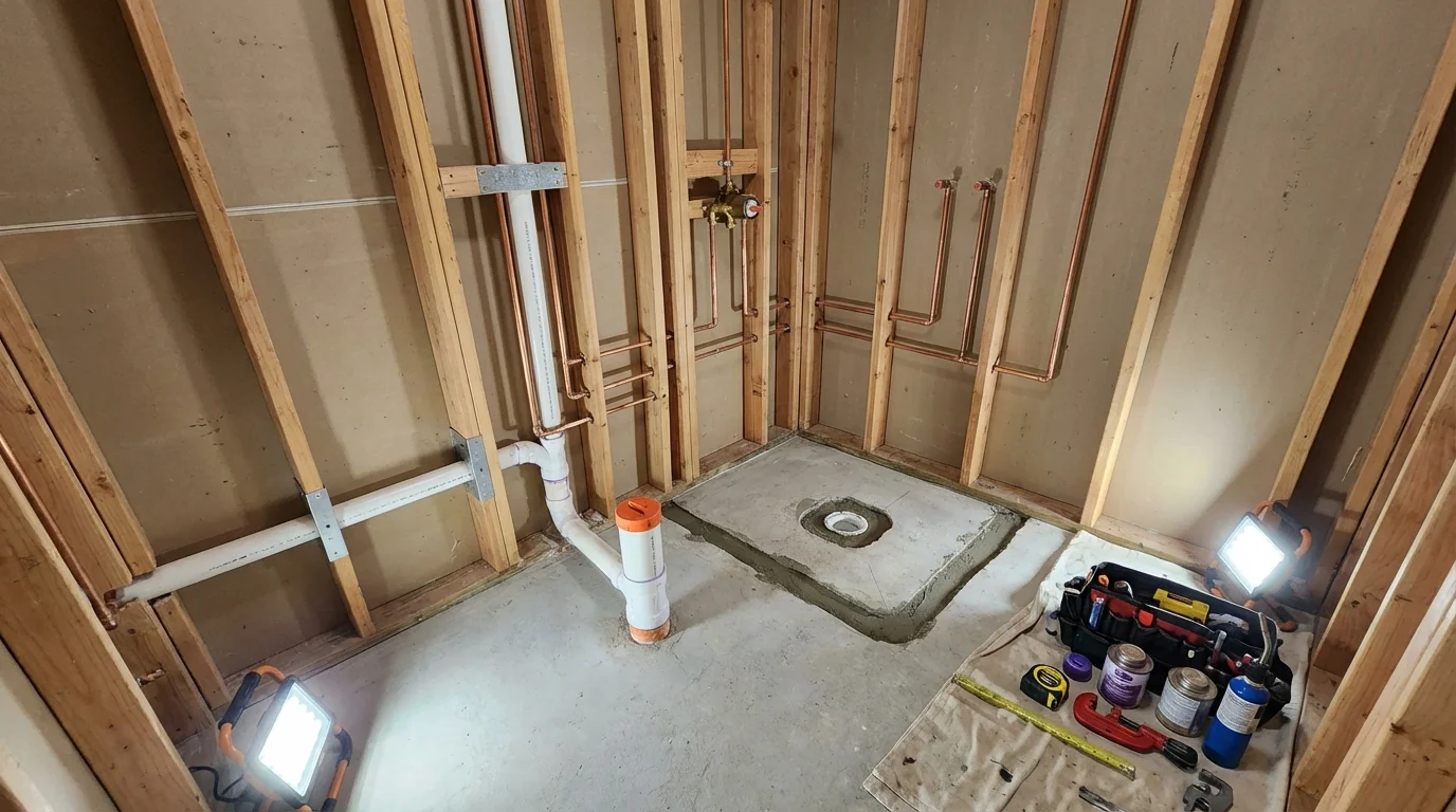Bathroom rough-in plumbing during remodel by Johns Plumbing LLC in Hope