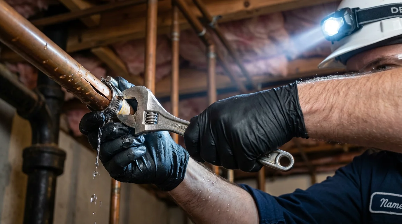 Emergency pipe clamp repair being performed by a Johns Plumbing LLC plumber in Hope