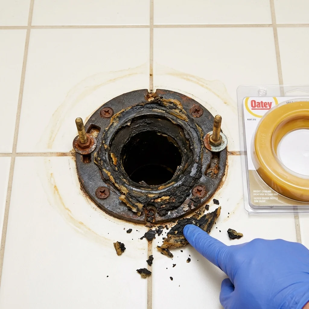 Failed wax ring showing water seepage at the base of a toilet in a Hope, AR home